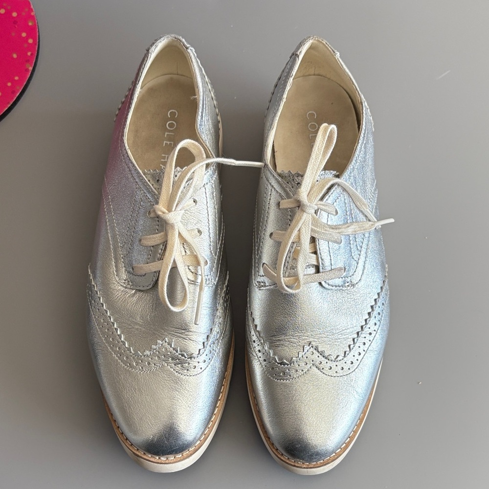 Cole Haan Metallic Silver Brogue Flats
